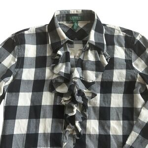 Lauren Ralph Lauren Buffalo Plaid Ruffle Flannel Shirt Black Cream M 90s Vintage